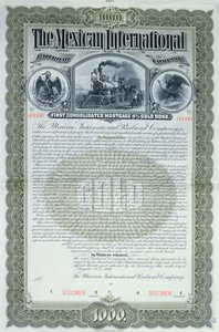 Provobligationscertifikat för 1000 dollar för Mexican International Railroad Company, 1897 av American School