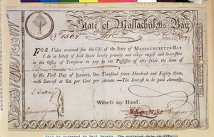 State of Massachusetts Bay skuldebrev, sägs vara graverad av Paul Revere (1735-1818) 1779 av American School