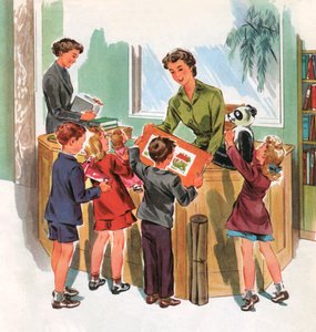 Elever i skolbiblioteket, ca 1950 (skärmutskrift) av American School