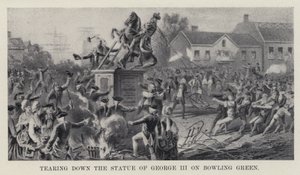 Riv ner statyn av George III på Bowling Green (litho) av American School