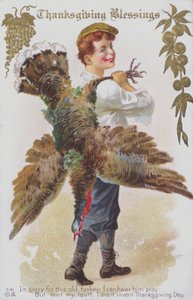 Thanksgiving-kort föreställande en man med en kalkon. (chromolitho) av American School
