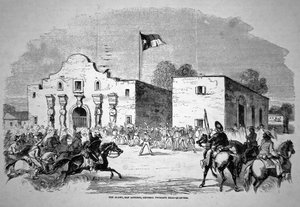 Alamo-fortet i San Antonio, HQ för Federal General Twiggs (1790-1862) (litho) av American School
