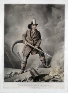 The American Fireman, Facing the Enemy, pub. 1858 (handfärgad litho) av American School