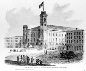 The Armory, Corner of Seventh Avenue och Thirty-Fifth Street, scen från Draft Riots i New York City, 1863 av American School