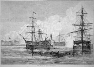 Attacken på Sullivans Island, 28 juni 1776 (litho) av American School