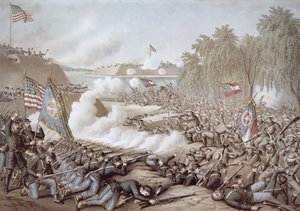 Slaget vid Korinth, 3-4 oktober 1862, visar flaggor från norr och söder, av Kurz & Allison (färg litho) av American School