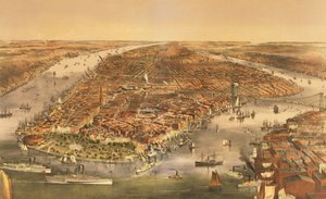 Staden New York, pub. av Currier och Ives, 1870 av American School