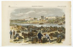 Konfederationen evakuerar Brownsville, Texas, ca. 1864 (handfärgad litografi på vävt trämassapapper) av American School