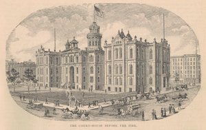 The Court-House before the Fire, tryckt av Moss Engraving Co., New York, illustration från History of Chicago vol. 2 av Alfred Theodore Andreas, publicerad 1885 av American School