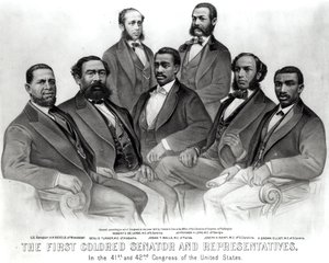 Den första färgade senatorn och representanterna, i den 41:a och 42:a kongressen i USA, pub. av Currier och Ives, 1872 (litho) (paketfoto) av American School