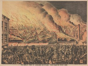 The Great Fire at Chicago, 9 oktober, vy från västra sidan, 1871 av American School