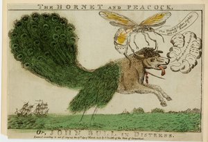 Hornet and Peacock, eller John Bull i nöd, 1813 (etsning med gravyr) av American School