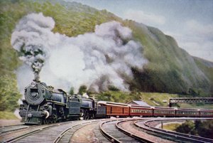 New York till Chicago Express vid Horse-Shoe Curve, Alleghany, ca 1930 (lito i färg) av American School