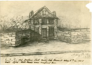 The Old Debtors Jail, Side of Prune St. under 6th, illustration från Castner Scrapbook, 1858 (photo-litho) av American School