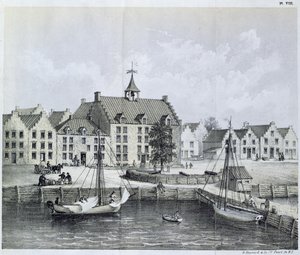 The Stadthuys of New York 1679, Corner of Pearl Street och Coentijs Slip, från Journal of a Voyage to New York 1679-80 av Jasper Danckaerts (f.1639) och Peter Sluyter (1645-1722), publicerad 1867 av American School