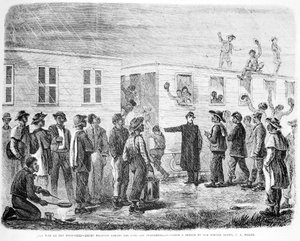 Kriget mot Mississippi Negro rekryterar ombord på bilen till Murfreesboro, från Frank Leslies Illustrated Newspaper, maj 1864 av American School