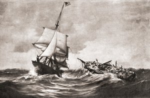 Infångandet av HMS Frolic av krigsslupen USS Wasp, en sjöaktion som utkämpades i Atlanten den 18 oktober 1812, under kriget 1812, från "The History of Our Country", publicerad 1905 (litho) av American School