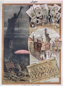 Framtiden för Frihetsgudinnan. karikatyr från Judge magazine vid tiden för dess konstruktion 1886 av American School