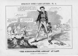 Skolmästaren utomlands äntligen : Starka dime karikatyrer, nej. 4, utgiven av T.W. Strong, New York, 1861 av American School