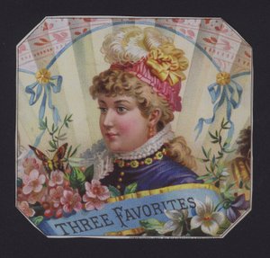 Tre favoriter, cigarretikett (chromolitho) av American School
