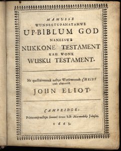 Titelsidan för Mamusse wunneetupanatamwe Up-Biblum Good, 1663 av American School