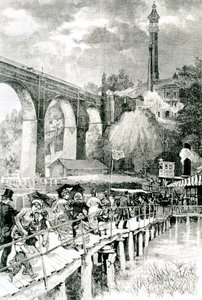 Turister som återvänder till sin ångbåt på Harlemfloden, med High Bridge till vänster, graverad av WA Rogers för Harpers Weekly, 24 juli 1880 av American School