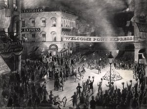 Triumferande ankomst av den första Pony Express Messenger i Sacramento, 13 april 1860 (wc på papper) av American School