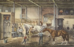 Travsprickor hemma, ett modellstall, pub. 1868, Currier & Ives av American School