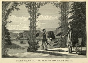 Tyler tar emot nyheterna om Harrisons död, pub.1888 (gravyr) av American School