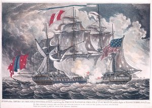 US Fregate Constellation fångar LInsurgente i Västindien vid slaget vid Basseterre, 9 februari 1799, publicerad 1800 av American School