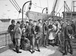 Hälsovårdstjänstemän från USA:s regering på ett emigrantfartyg, Quarantine Point, New York av American School