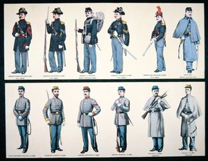 Uniformer för fackliga och konfedererade arméer (litho i färg) av American School