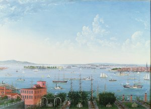 Utsikt över New Yorks hamn från Brooklyn Heights, ca 1860 (olja på linne) av American School