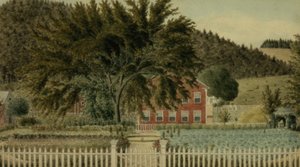 Utsikt över ett rött hus med staket, 1854 (wc med gouache på papper) av American School