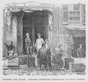 Väntar på handel, kinesiska kantstenshandlare på Mott Street (litho) av American School