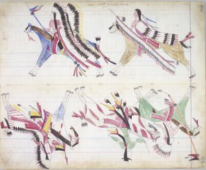 Krigsfest kommer hem, illustration från Black Horse Ledger, 1877-79 (penna och krita på papper) av American School