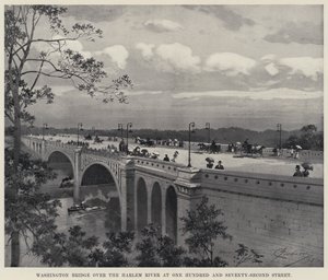 Washington Bridge över Harlem River vid One Hundred and Seventy-Second Street (litho) av American School