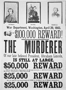 Washingtons krigsdepartements affisch som tillkännager en belöning på 000 000 för att hitta mördaren av Abraham Lincoln (1809-65) 20 april 1865 (litho) av American School