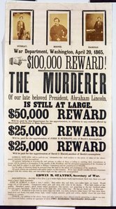 Washingtons krigsdepartements affisch som tillkännager en belöning på 100 000 $ för att hitta Abraham Lincolns mördare, 20 april 1865