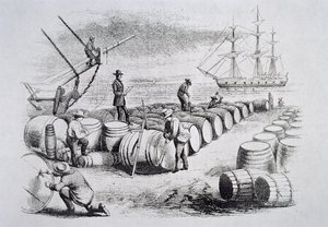 Valfångare som mäter olja i fat, från The American Whale Fishery, ca 1850 (gravyr) av American School