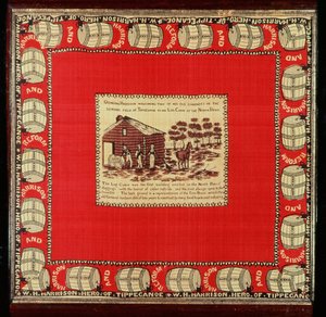 William Henry Harrison välkomnar två gamla kamrater i Log Cabin, 1840 (silke) av American School
