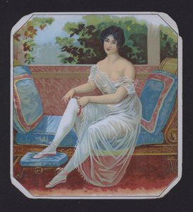 Kvinna i negligé, cigarretikett (chromolitho) av American School