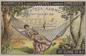Kvinna som ligger i hängmatta med kinesisk fläkt (chromolitho) av American School
