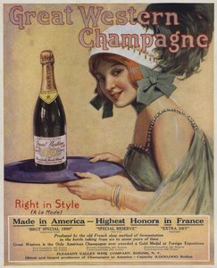 Ung kvinna med en flaska champagne, reklam för Great Western Champagne (färglitografi) av American School