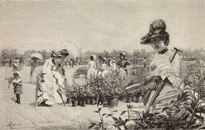 Kvinnor som går i Brera, Milano, Italien, gravyr från målningen Maggio (maj) av Amerino Cagnoni (1853-1923), från L