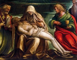 Pieta med Markus, Ambrosius, Johannes evangelisten, Sankt Antonius abbot, av Amico Aspertini, cirka 1519, tempera på duk