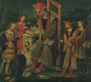 St Cassian i sin stol, omgiven av sina elever