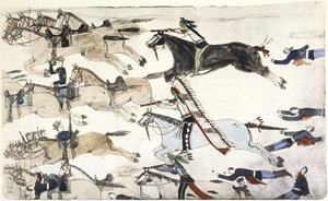 Slaget vid Little Big Horn 25-26 juni 1876. Reträtt för USA:s 7:e kavalleribataljoner under major Marcus Reno. Målning av Amos Bad Heart Buffalo (Sioux) ca 1900 av Amos Bad Heart Buffalo