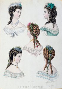 Fem frisyrer av kvinnor Plate hämtade från "La mode illustree"" av Anais Coutwelve