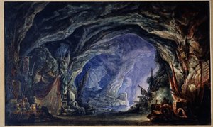 Förberedande dekor för balett Le Corsaire av Adolphe Adam (1803-1856) (Scenografi för Balett Corsair av A.Adam). Korsarernas grotta, tillgänglig sjövägen, där de samlar upp sitt byte och priser av alla slag (dukar, fat, vapen). Åh av Anatoli Fedorovich Geltser